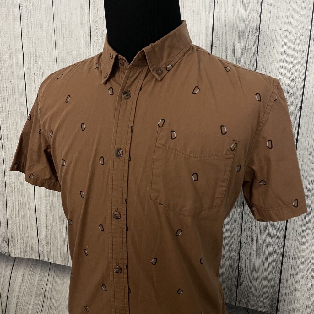 prAna Men's Large Brown Carabiner AOP Short Sleeve Button-Front Shirt - Picture 2 of 7
